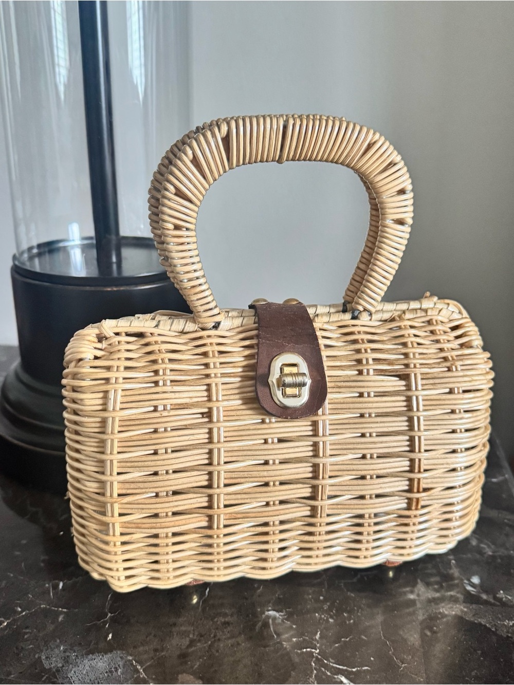 Vintage 1960s coated wicker rattan leather brass handbag purse